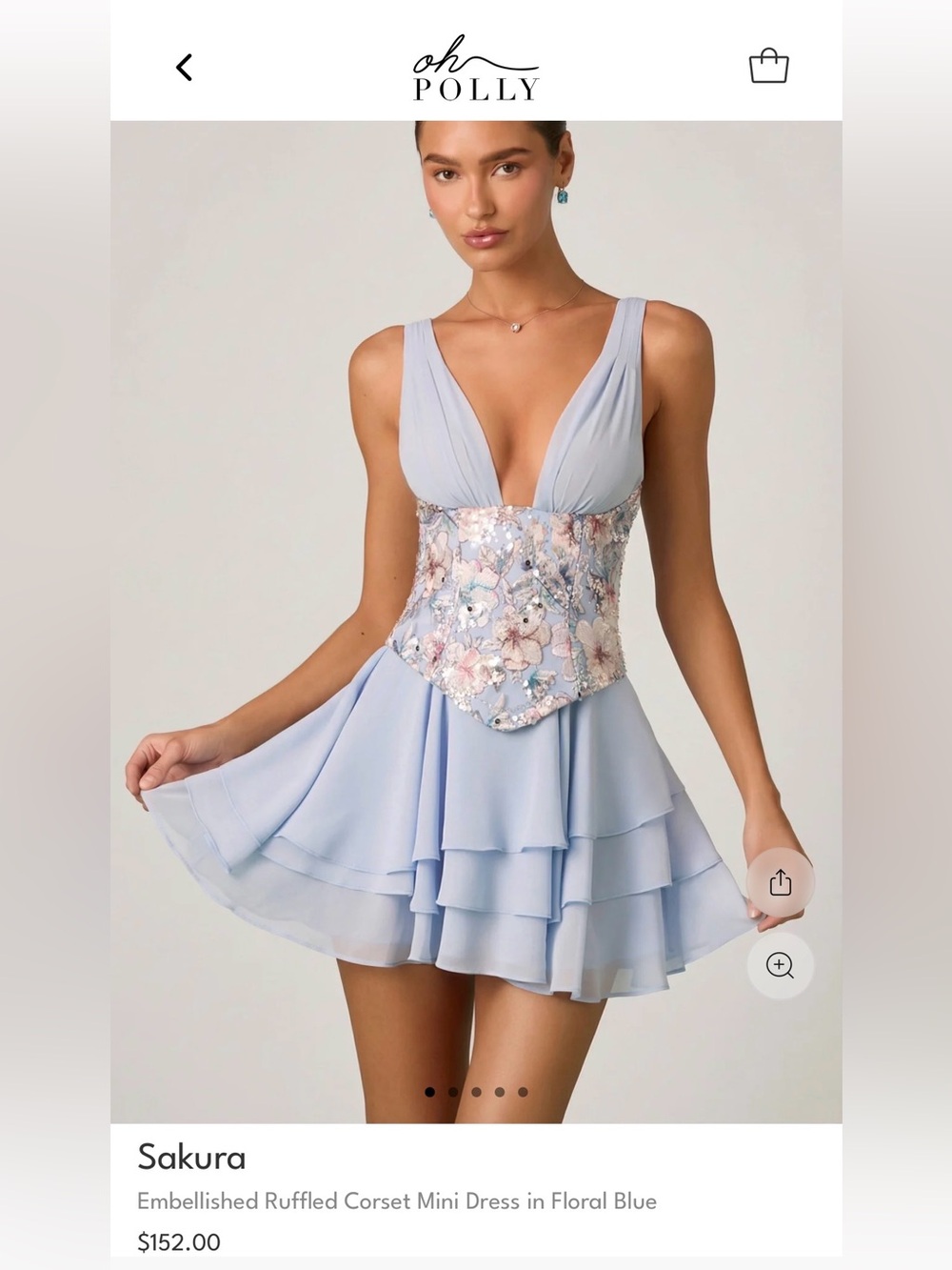 Oh Polly Sakura
Embellished Ruffled Corset Mini Dress in Floral Blue